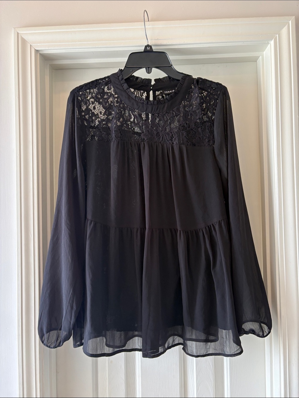 Torrid Black Lace Yoke Chiffon Blouse Size 1 Long Sleeve Sheer Boho Top